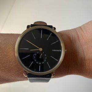 Skagen black and gold leather band watch
